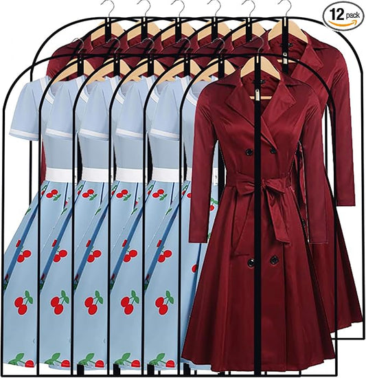 Garment Bags for Hanging Clothes 24'' x 48'' (Set of 12) Coat Covers for Closet Foldable Washable Dress Bags for Hanging Clothes for Long Dress Dance Costumes Suits Gowns Coats