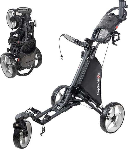 Caddytek CaddyLite ONE-Swivel V8 Golf Push Cart - Lightweight 3 Wheel Foldable Cart with One-Click Folding, 360° Swivel Front Wheel, Adjustable Handle, Cooler Basket, Umbrella & Drink Holder