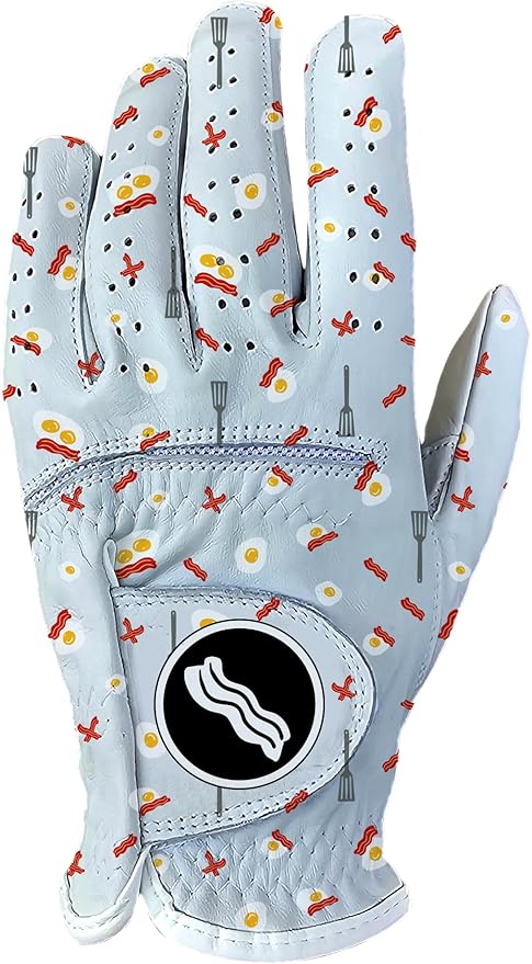 Bacon Eggs Funny Golf Glove – Men's Premium Japanese Synthetic Leather with Cabretta Leather Palms Durable Weather Grip LH RH Sizes Perfect Golfer