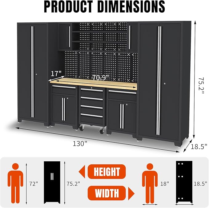 Garage Storage Cabinet System - 9-Pc Steel Workshop Set w/Workbench Includes Cabinet Drawers & Pegboard | Gray Tool Organization System for Garage/Workshop
