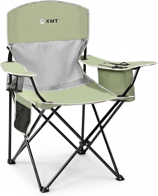 Portable Outdoor Folding Chair with Cup Holder & Cooler Bag - Breathable Mesh, Wide Armrests, Ergonomic Design for Camping, Beach, Backyard - Includes Storage Bag & Bottle Opener (Black/Green/Red)