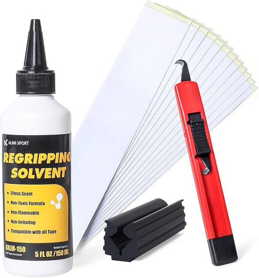 Golf Grip Kit - 15 Double Sided Tape Strips, 5oz Solvent, Hook Blade & Vise Clamp - Professional Quality