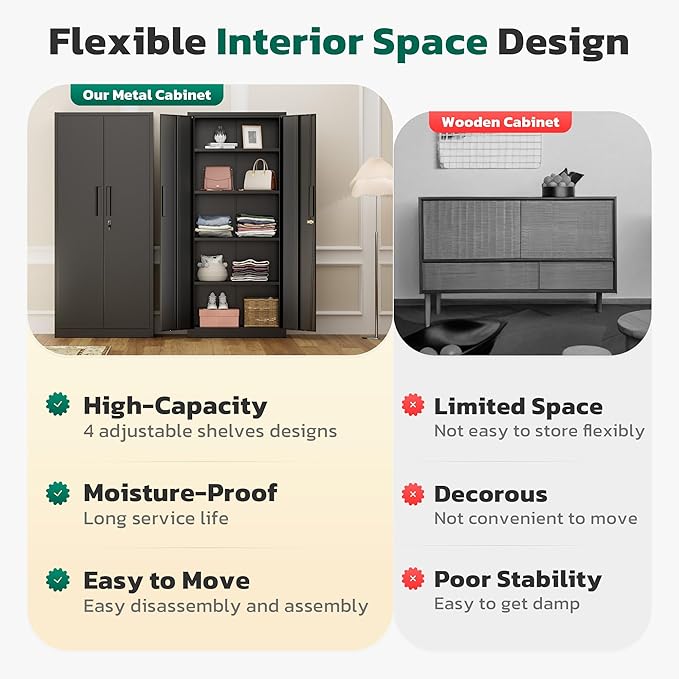 Greenvelly 63" H Metal Storage Cabinet Black, Locking Metal Cabinet, Store Tools, Clothes, Tableware and Toiletries, Garage Cabinets with Adjustable Shelves for Office, Home, Garage, Pantry