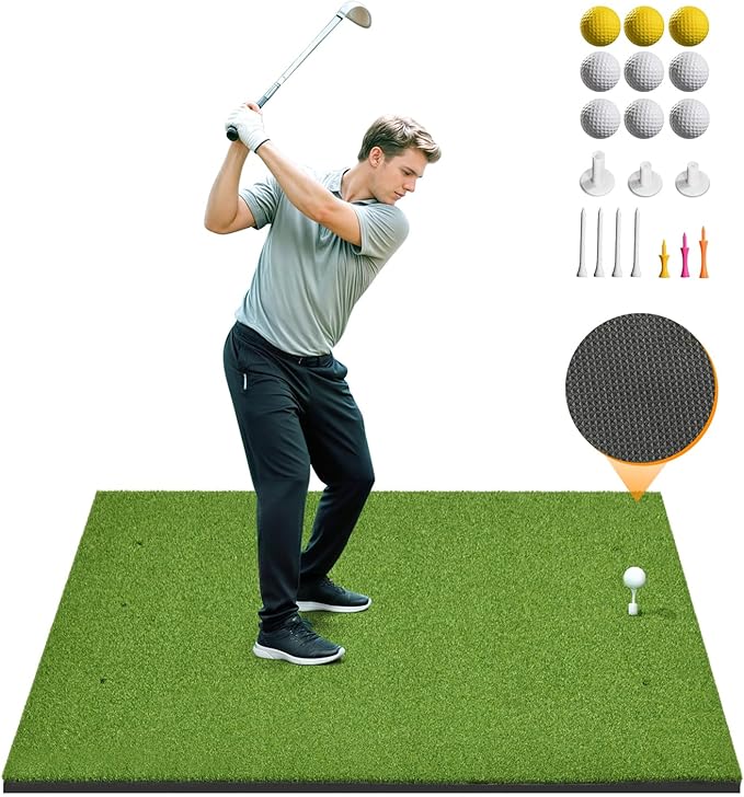 Golf Hitting Mat 5×4ft, Thickened 21/31mm Golf Practice Mat for Indoor Outdoor, Top-Notch Artificial Turf Driving Matt with 9 PU Balls+3 Rubber Tee+7 Tee