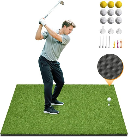 Golf Hitting Mat 5×4ft, Thickened 21/31mm Golf Practice Mat for Indoor Outdoor, Top-Notch Artificial Turf Driving Matt with 9 PU Balls+3 Rubber Tee+7 Tee