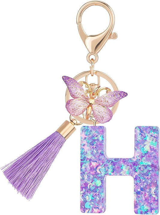 Suweibuke Colourful Cute Initial Letter Keychains for Women Girls with Tassel Butterfly, Charm for Purse Handbags Backpacks