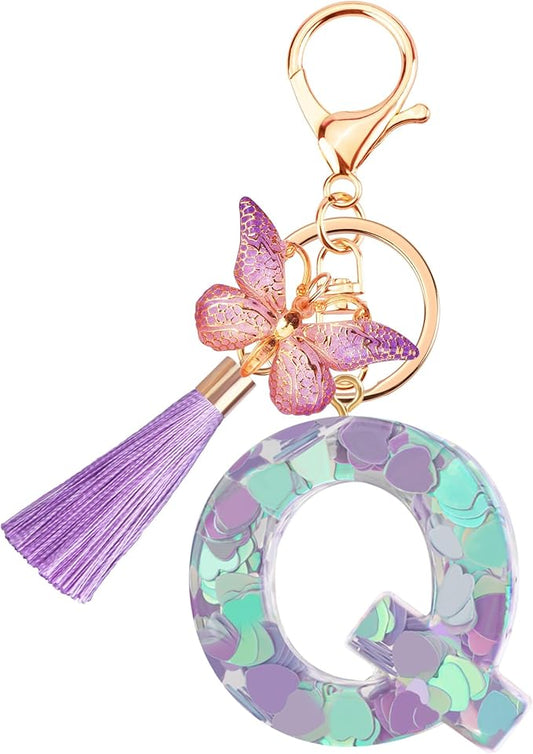 Suweibuke Colourful Cute Initial Letter Keychains for Women Girls with Tassel Butterfly, Charm for Purse Handbags Backpacks