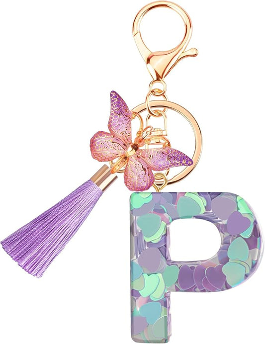 Suweibuke Colourful Cute Initial Letter Keychains for Women Girls with Tassel Butterfly, Charm for Purse Handbags Backpacks