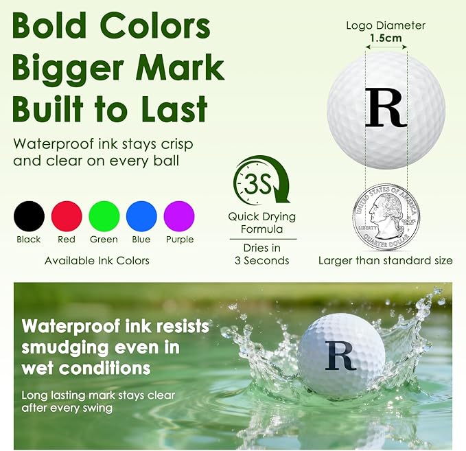 Personalized Golf Ball Stamp – Upgraded Larger Imprint, Self-Inking Quick-Dry Waterproof Ink, Custom Name/Initials/Logo, Metal Gift Case & Refill – Great for Golfers