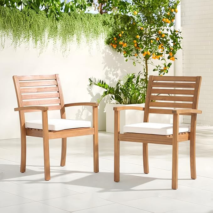 Stackable Patio Dining Chairs Set of 2, Acacia Wood, Stackable Design - Image 2