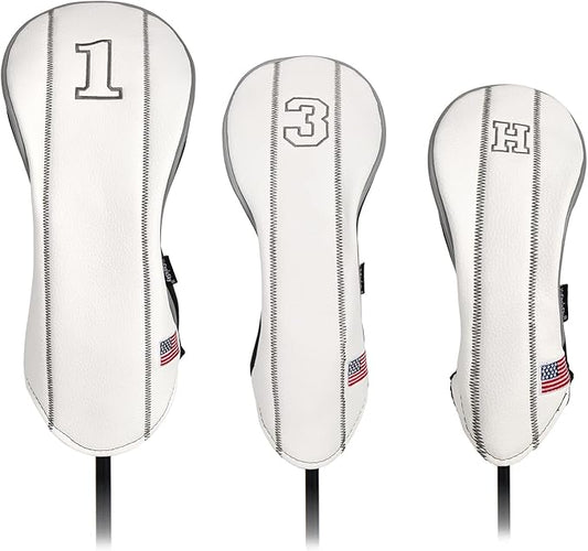 Golf Club Head Covers - Driver, Fairway #3#5, Hybrid Headgear - USA Flag Design - PU Leather - 3 Piece Set for Men and Women