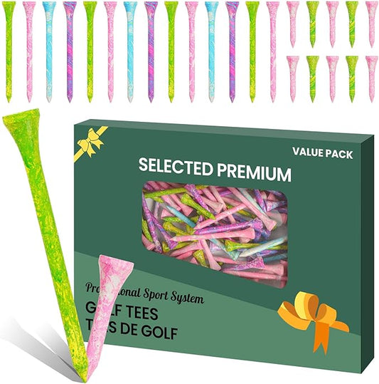 Golf Tees Styllish Bamboo Wooden Coloured Painted 50 Pack, 2 3/4 or 3 1/4 Inch Tee with 10 More Short 1 1/2 Inch Driving Range Tees, Enhanced Visibility Pink Green for Men Women