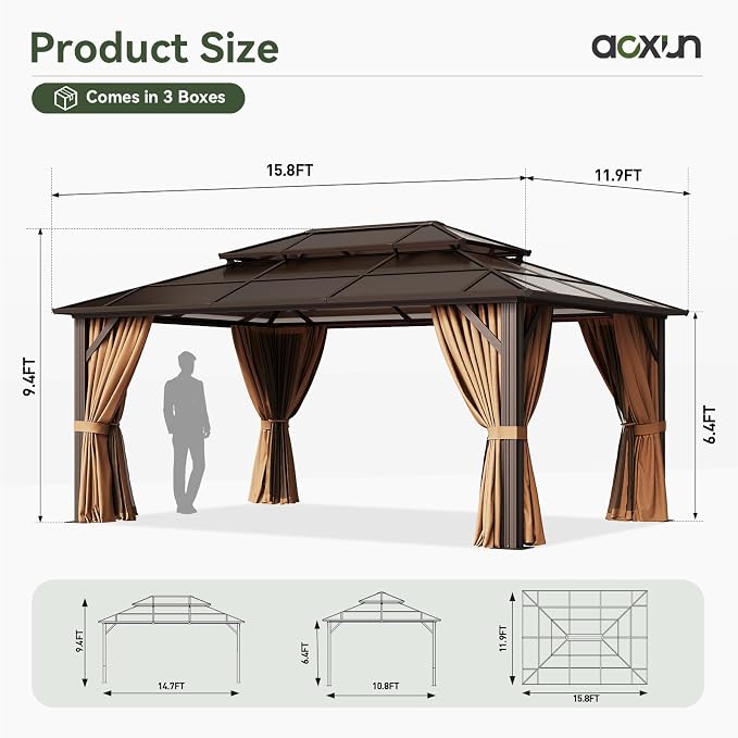 Aoxun 12'x16' Gazebo with Polycarbonate Double Roof, Light Brown | Metal Frame - Image 9