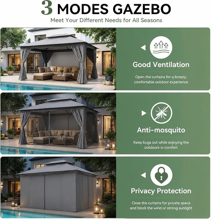 10'x10' Outdoor Gazebo, Metal Frame Heavy Duty Patio Canopy Tent Shelter - Image 4