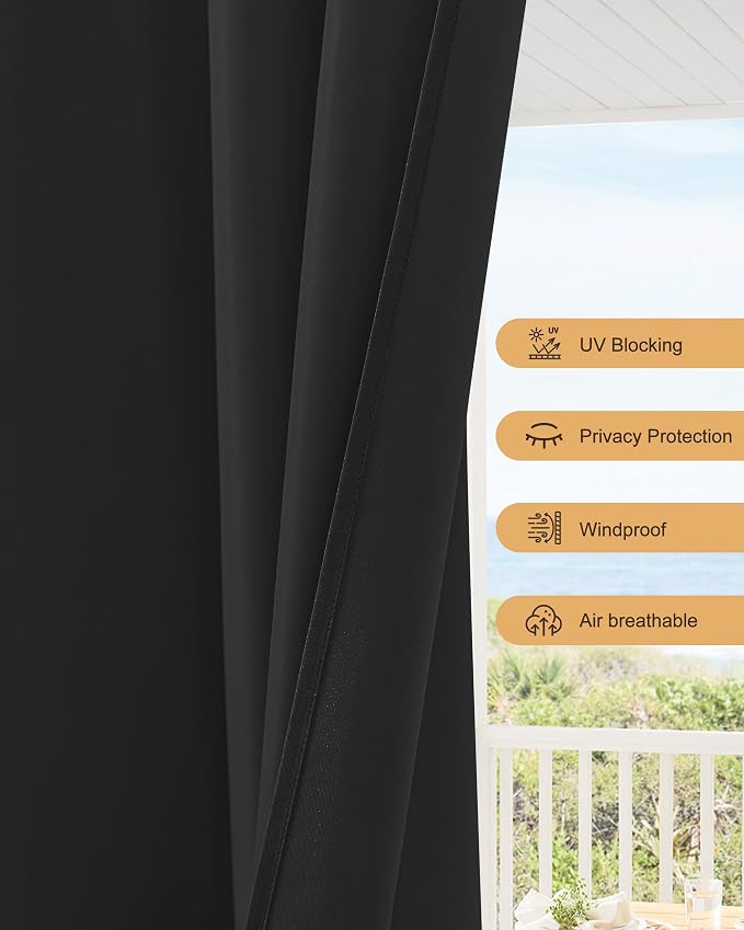 Outdoor Curtains for Patio Waterproof Rod Pocket 4 Pcs 54x95 Inch Black | - Image 4