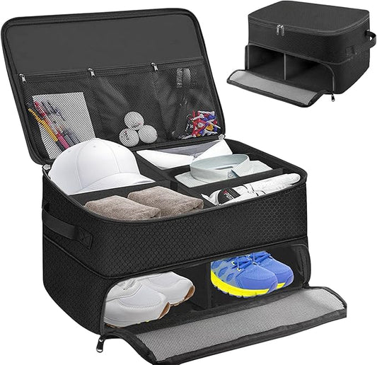 Golf Trunk Organizer, 2 Layer Golf Storage Bag, Waterproof Car Golfer Organizers with Ventilation Compartment for 2 Pairs Shoes, Balls, Clothes, Tees, Gloves, Accessories, Gifts for Men Women