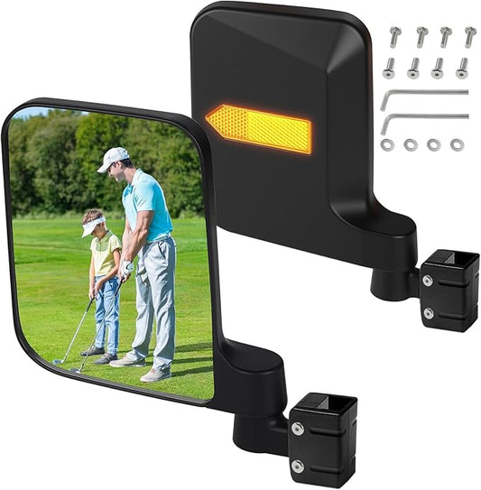 No Drilling Golf Cart Side Mirrors with Built-In Reflector, Universal Rear View Mirrors for 0.75"/1"/1.25" Square Strut Fits Ezgo,Club car,Yamaha Cart with 180 Degree Rotation HD Glass