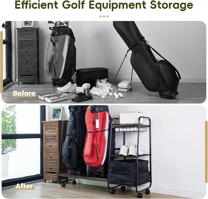 Golf Bag Storage Organizer for Garage, Large Size Adjustable Golf Bag Rack Stand with Wheels & Feet for 2 Bags, Golf Trunk Organizer, Golf Equipments Accessories, Golf Gift for Men Golfer
