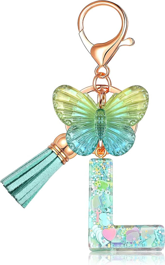 JINGUAZI Initial letter Keychains for Women Tassel Butterfly Pink Purple Cute Car Keychain for Wallet Backpack bag charm