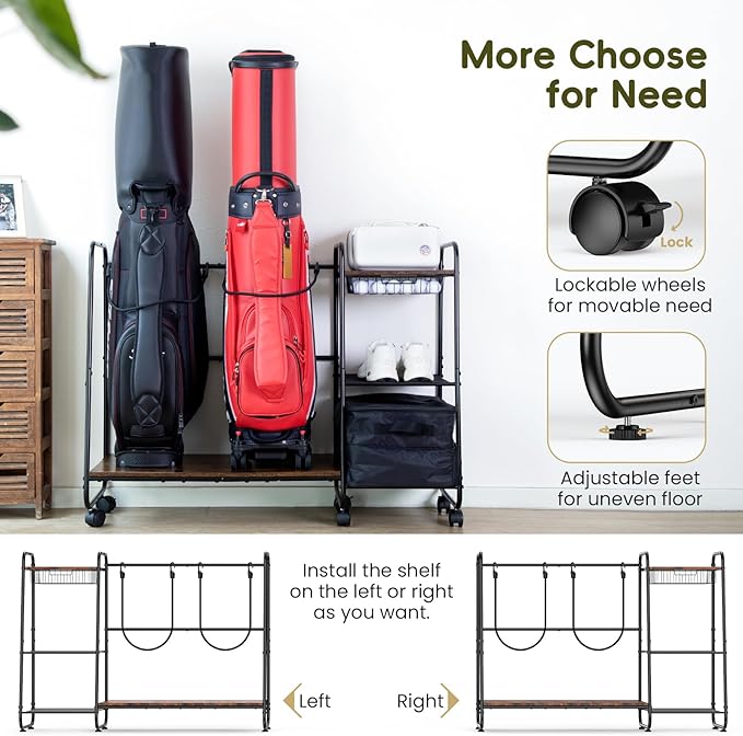 Golf Bag Storage Organizer for Garage, Large Size Adjustable Golf Bag Rack Stand with Wheels & Feet for 2 Bags, Golf Trunk Organizer, Golf Equipments Accessories, Golf Gift for Men Golfer