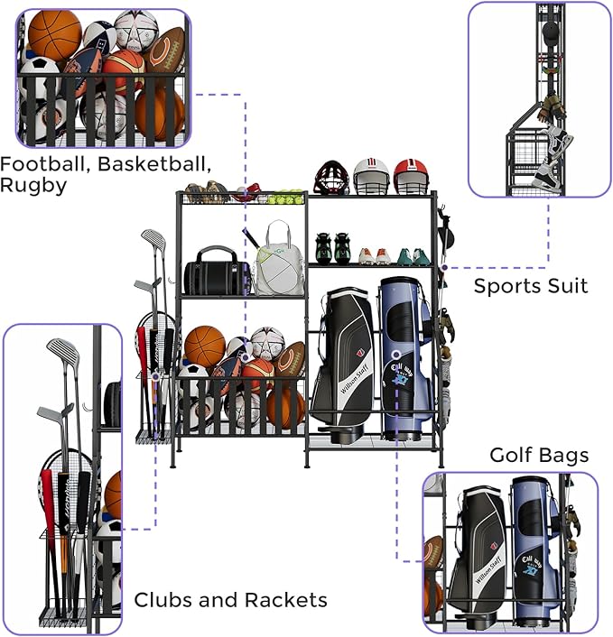 Sports Equipment Organizer, Heavy Duty Golf Bags Stand, Extra Large Ball Storage Rack for Garage, Sports Gear Storage with Basket and Hooks, Black
