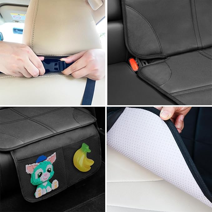 Car Seat Protector for Child, Thick Padding Seat Protector Under Baby, 600D Waterproof Non-Slip Fabric for Child and Pet with Pockets (Black 2 pcs)