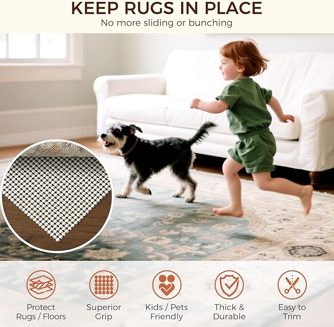 BAGAIL BASICS 9 x 12 FT Rug Pad Gripper for Hardwood Floors, Non Slip Rug Pads for Area Rugs, Extra Thick Under Rug Padding, Protect Your Rugs & Floors
