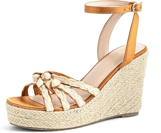 Open Toe Wedge Sandals for Women Espadrilles Platform Braided Strappy Sandals Comfortable Slip on High Heel Summer Wedges Sandals Dressy Shoes with Adjustable Ankle Strap