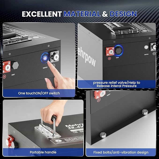 36V 100Ah lithium battery with Bluetooth 200A battery management system and LCD display, supporting over 6,000 charge/discharge cycles and a 25A charger, specifically designed for golf carts.