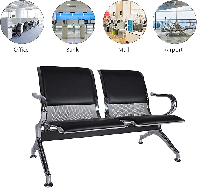 Kinfant Waiting Room Chair Bench - Guest Reception Chairs for Airport Hospital Bank Salon Barber Hall Room Conference (2-seat, Black-Mesh+PU)
