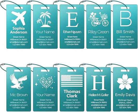 Personalized Metal Luggage Tags, Custom Suitcase Aluminum Name Tags with 5.9in Steel Ring, Laser Engraved Text and Logo, for Travel Gift, Baggage, Golf Bag (Lake Blue)
