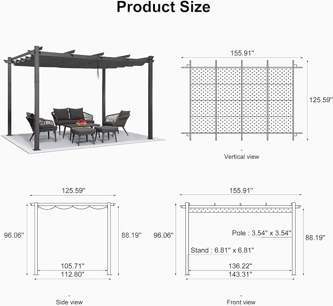 PURPLE LEAF Outdoor Pergola 11' X 13' Retractable Canopy Aluminum, Custom Shade - Image 7
