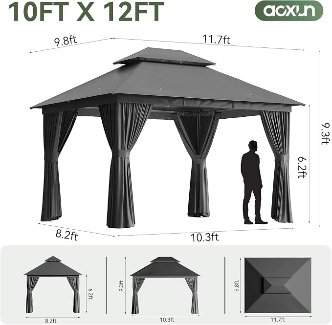 Aoxun 10x12FT Metal Frame Outdoor Gazebo, Dark Gray | UPF50+ Protection 50×50mm - Image 2