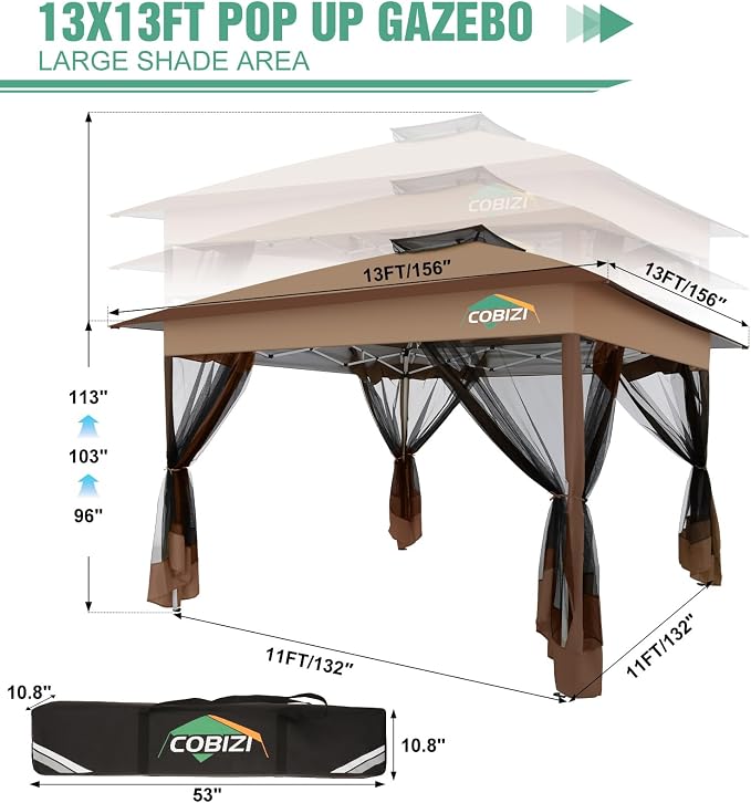 COBIZI 13x13 Pop Up Canopy Tent Gazebos On Clearance- Upgrade Metal Outdoor - Image 2