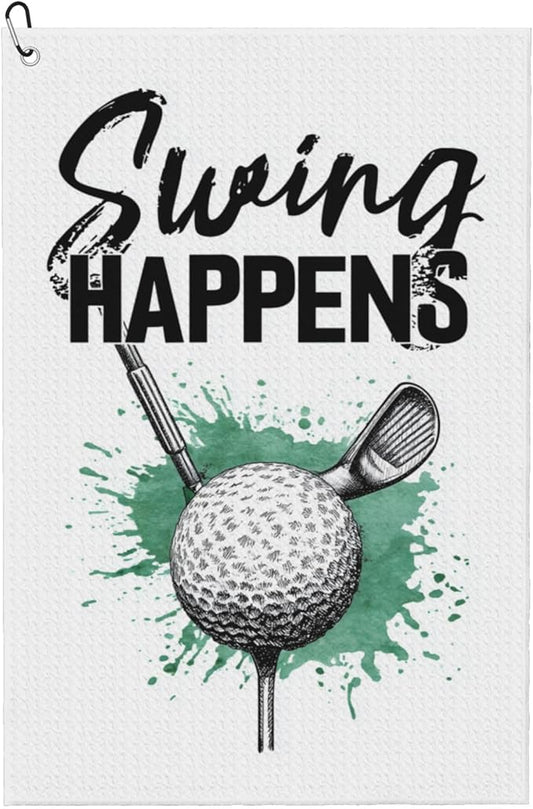 Swing Happens Printed Funny Golf Towel with Carabiner Clip 24"x16" Cute White Golf Towels for Golf Bags Microfiber Waffle Golfs Rag for Disc Balls Clubs Golfs Accessories for Men Women Dad Husband