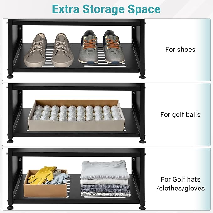 Golf Bag Organizer - Wall Mount & Freestanding - Holds 2 Golf Bags w/ 4 Club Racks, 10 Hooks & Storage Shelf - Golf Bag Stand w/Adjustable Feet for Garage, Store, Club, Shed