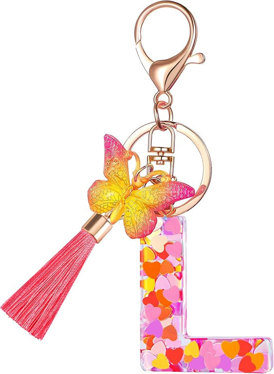 Suweibuke Colourful Cute Initial Letter Keychains for Women Girls with Tassel Butterfly, Charm for Purse Handbags Backpacks