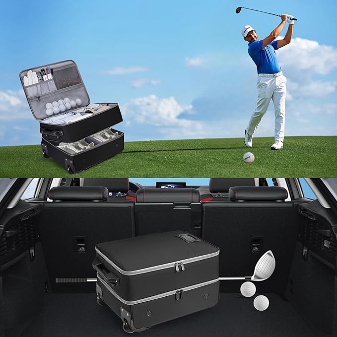 Golf Trunk Organizer with Wheels, 2 Layer Waterproof Golf Organizer for Car, Separate Ventilated Compartment for 2 Pair Shoes, Storage for Clothes & Accessories, Golf Gifts for Men & Accessory ﻿