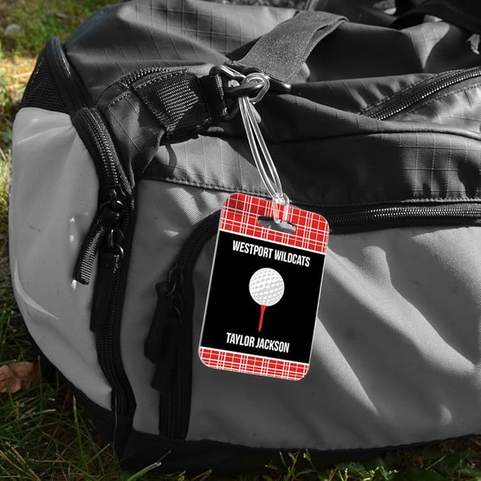 ChalkTalkSPORTS Golf Luggage & Bag Tag | Personalized Team with Golf Ball | Standard Lines on Back | Medium | RED/Black