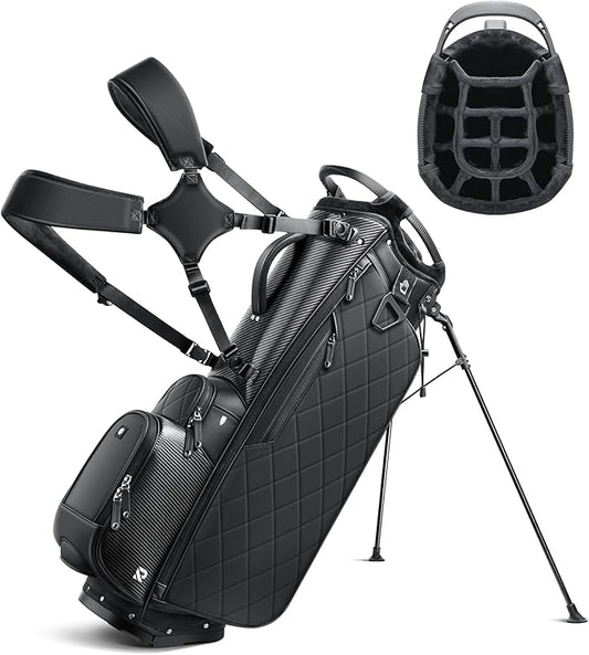 14 Way Golf Stand Bag, Full Length Dividers PU Leather Golf Bag with Plush Top for Men/Women, Waterproof & Versatile Storage Golf Bag with Cooler, Rain Cover and Removable Straps