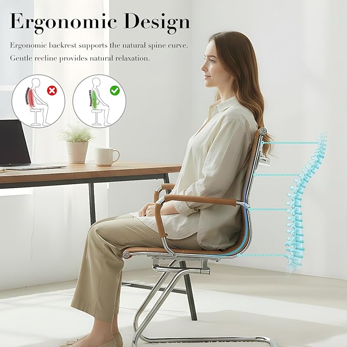 CIMOTA Waiting Room Chairs Leather Office Guest Chair Mid Back Reception Chairs with Sled Base for Meeting/Patient/Conference Room, Brownish Yellow Set of 6