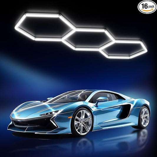 JTT Hexagon Garage Lights,16Pack 128W LED Garage Hexagon Lights,3 Grids 6500K Super Bright Car Detailing Ceiling LED Shop Light for Warehouse Workshop Gym Exhibition Hall Basement Car Care