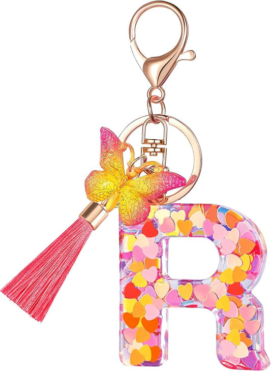 Suweibuke Colourful Cute Initial Letter Keychains for Women Girls with Tassel Butterfly, Charm for Purse Handbags Backpacks