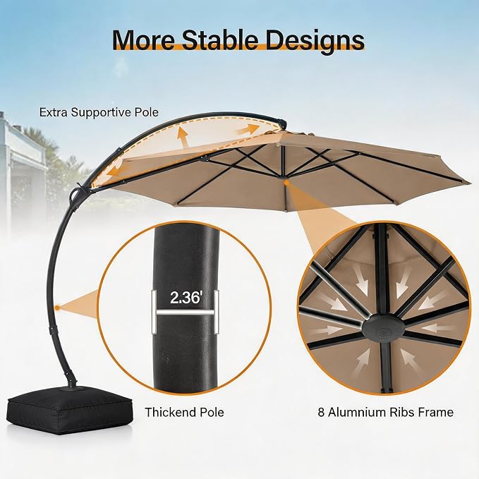 Outdoor Patio Umbrella with Base included, 11 FT Deluxe Curvy Cantilever - Image 8