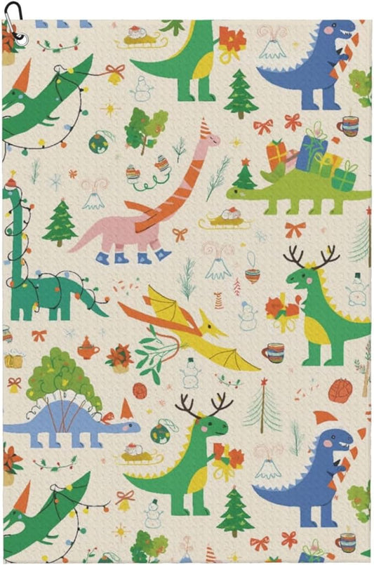 Christmas Cartoon Dinosaur Golf Towel Waffle Microfiber with Hook Detachable Clip 24x16in