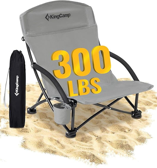 KingCamp Low Beach Chairs, Folding Portable Chair for Adults Lightweight Extra Wide Seat 300lbs Heavy Duty Oversized Backpack, Carry Bag for Camping