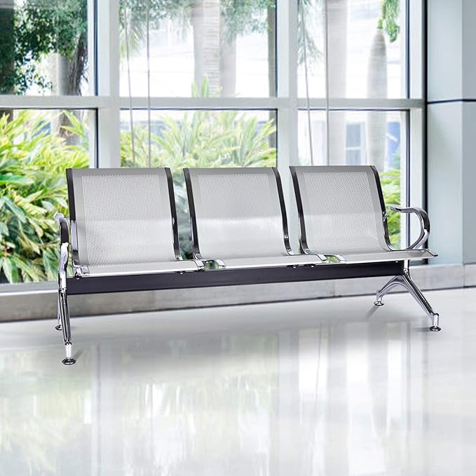 3-Seat Waiting Room Chairs - Waiting Room Bench with Arms Airport Reception Bench Guest Reception Chairs Lobby Bench Waiting Area for Airport Market Bank Hospital School Barbersho, Silver
