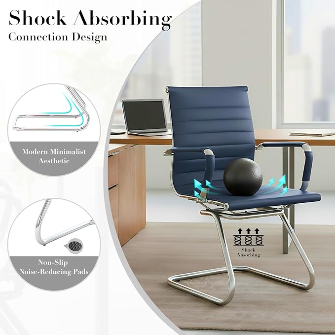 CIMOTA Waiting Room Chairs Leather Office Guest Chair Mid Back Reception Chairs with Sled Base for Meeting/Patient/Conference Room, Navy Set of 8