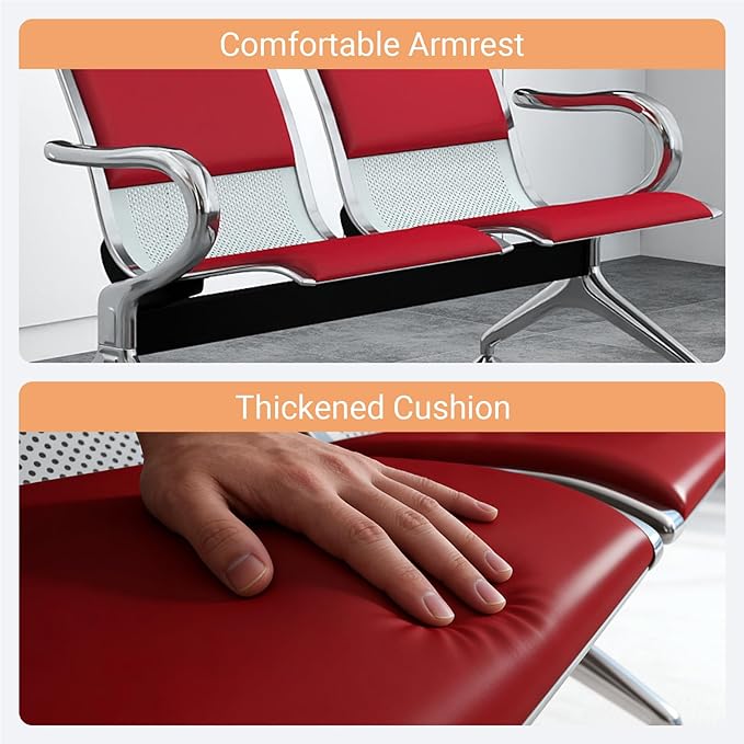 Kinfant 8-Seat Waiting Room Chairs with Arms – Heavy-Duty Steel Frame PU Leather Back & Cushioned Seat, Ergonomic Office Reception Guest Chair for Lobby, Clinic, Airport, Red