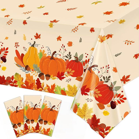 3 Pack Fall Pumpkin Tablecloth Thanksgiving Tablecloth Autumn Leaves Table Cover for Fall Thanksgiving Party Decorations, 54 x 108 Inch